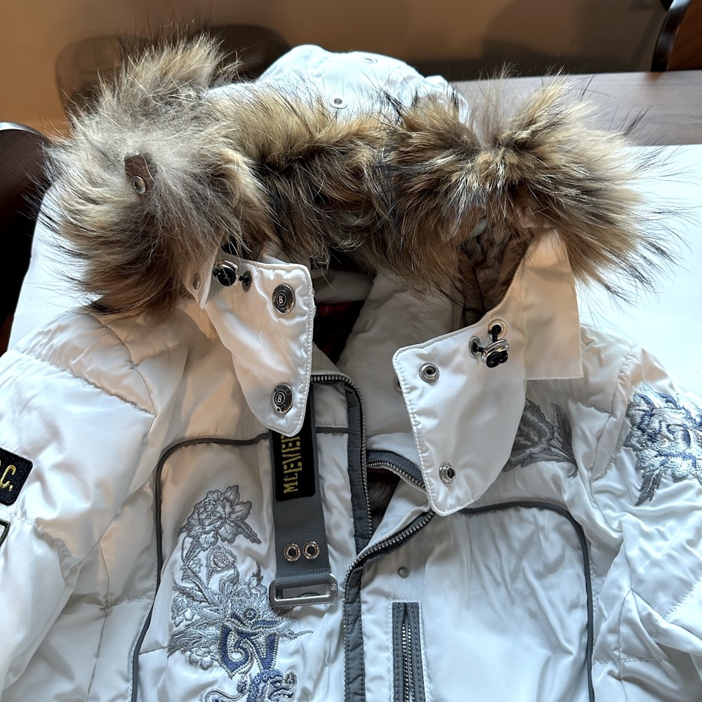 Womens’s White EU L Fire & Ice Special Edition Winter Ski Jacket-real fur hood